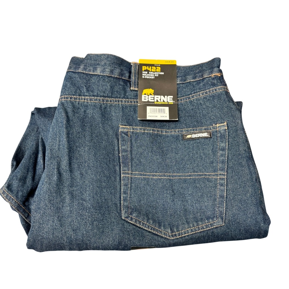 Berne Jeans Mens 50x30 ACTUAL P422 Relaxed Fit Blue Denim Utility Workwear NEW